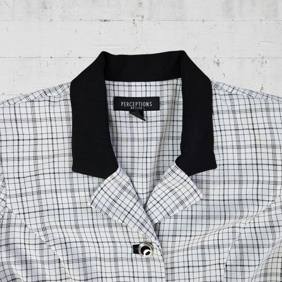 90s Vintage White Black Graph Check Short Sleeve Button Down Blazer Size 8P - Picture 2 of 8
